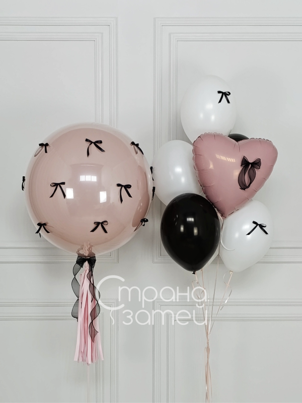 set-sharov-pudra-i-bantiki-steklyannyy-shar-24-bantiki-serdtse Сет шаров «Пудра и бантики» для девочки и для неё, Нижний Новгород
