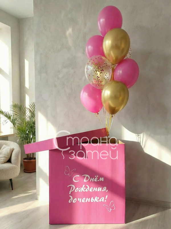 set-rozovaya-korobka-syurpriz-dlya-devochki-nizhniy-novgorod.jpg Сет шаров «Розовая коробка-сюрприз», коробка-сюрприз с надписью и фонтан из розово-золотых шаров, для девочки или девушки, Нижний Новгород