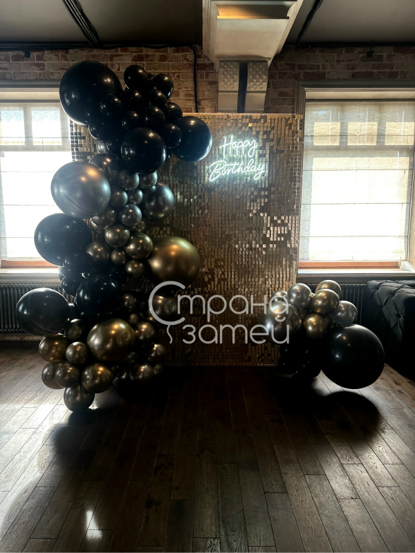 fotozona-vecherniy-glyanets-den-rozhdeniya-payetki Фотозона на день рождения с пайеточным фоном и декором шарами, Нижний Новгород