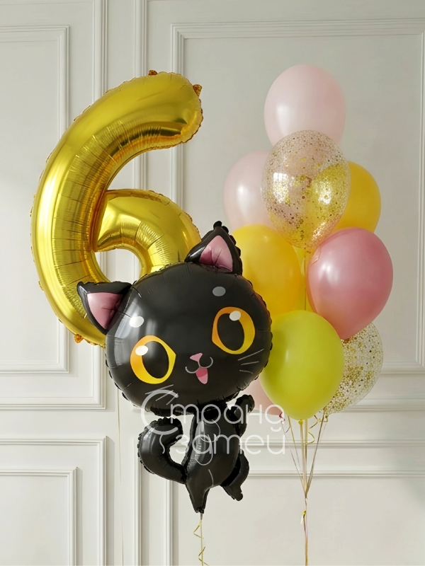 set-sharov-kotyonok-i-tsifra-fontan-10-sharov Сет шаров «Котёнок и цифра» для девочки с фольгированной цифрой, фигурой котёнок и фонтаном, Нижний Новгород