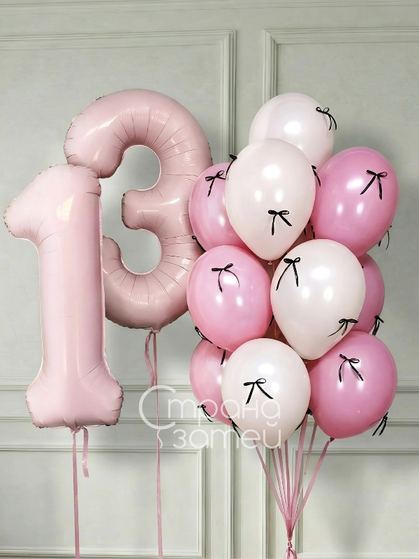 set-sharov-rozovye-bantiki-dve-tsifry-fontan-dvoinye-shary Сет шаров «Розовые бантики» для девочки с двумя цифрами и фонтаном из двойных шаров с бантиками, Нижний Новгород