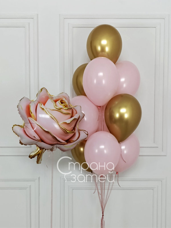 set-sharov-rozovyy-glamur-roza.jpg Сет шаров для девушки с фигурой розы и розово-золотым фонтаном, Нижний Новгород